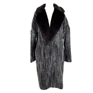 H&M Double-Breasted Long Coat Faux‎ Fur Collar Tweed Wool Blend Size 8